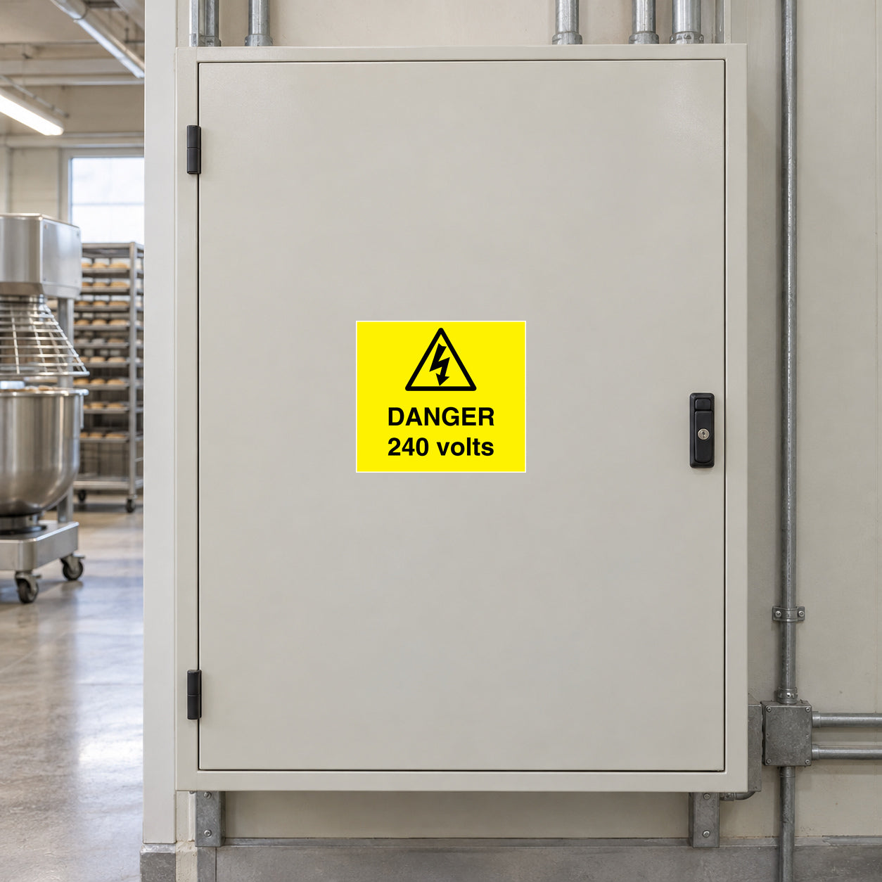Rectangle danger 240 volts sticker: yellow warning label with black lightning and DANGER 240 volts
