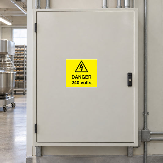 Rectangle danger 240 volts sticker: yellow warning label with black lightning and DANGER 240 volts
