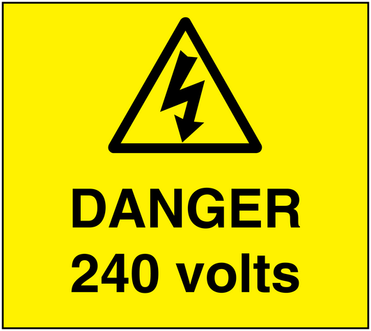 Danger 240 Volts rectangular warning sticker with lightning symbol and bold text