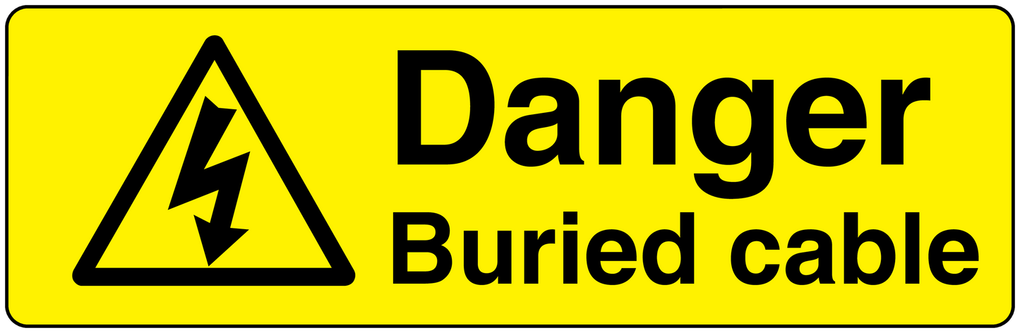 Yellow rectangle safety warning sticker with black hazard triangle and 'Danger Buried cable' text
