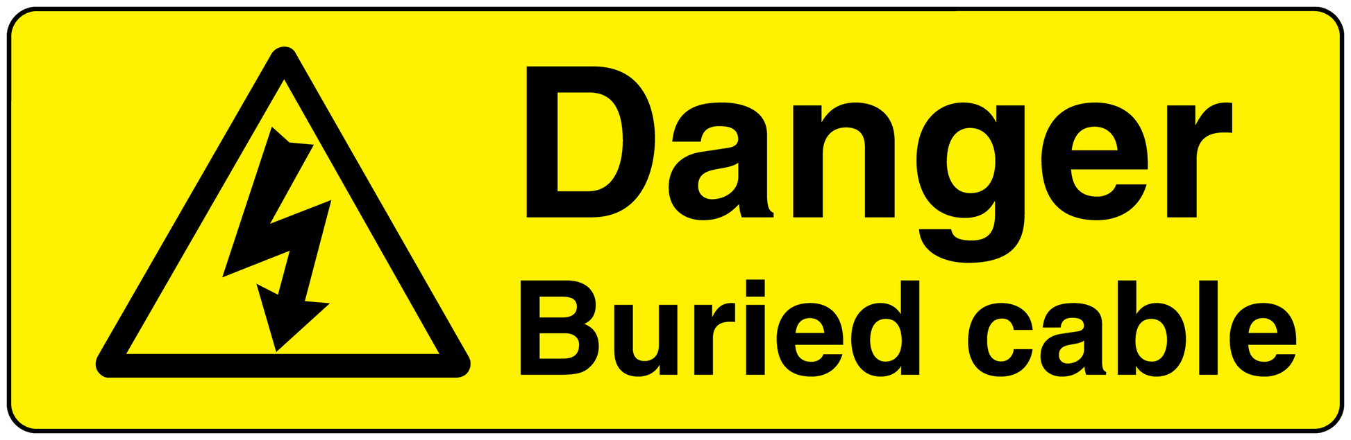 Yellow rectangle safety warning sticker with black hazard triangle and 'Danger Buried cable' text
