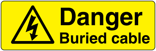 Yellow rectangle safety warning sticker with black hazard triangle and 'Danger Buried cable' text