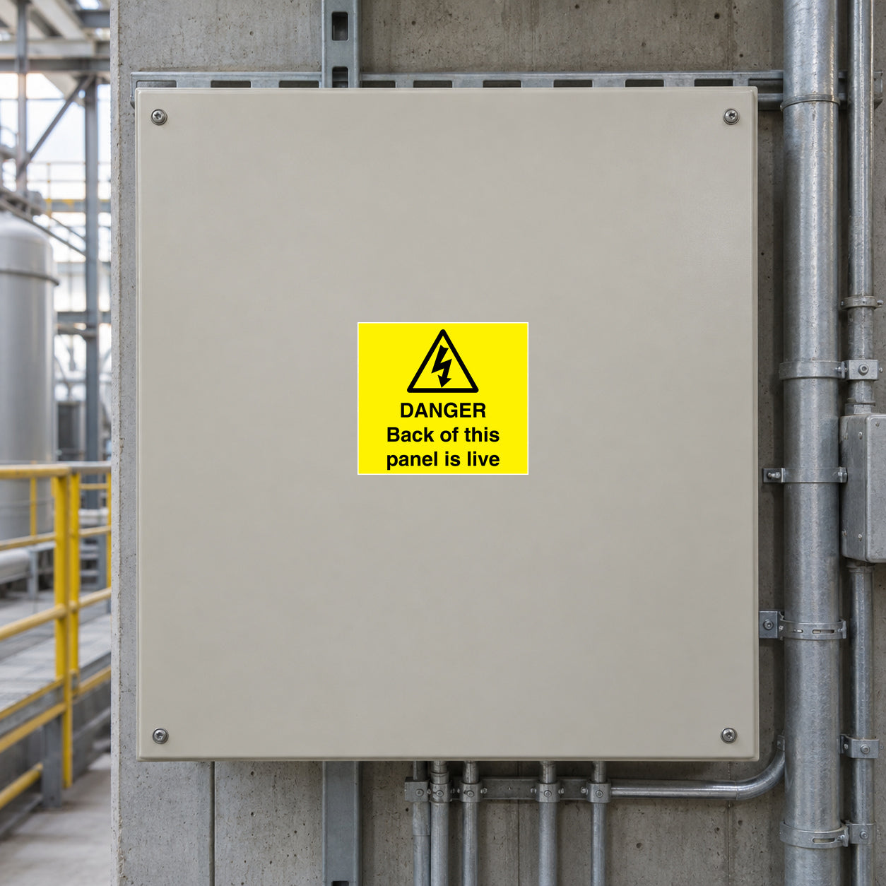 Danger warning sticker with lightning symbol; “Back of this panel is live”