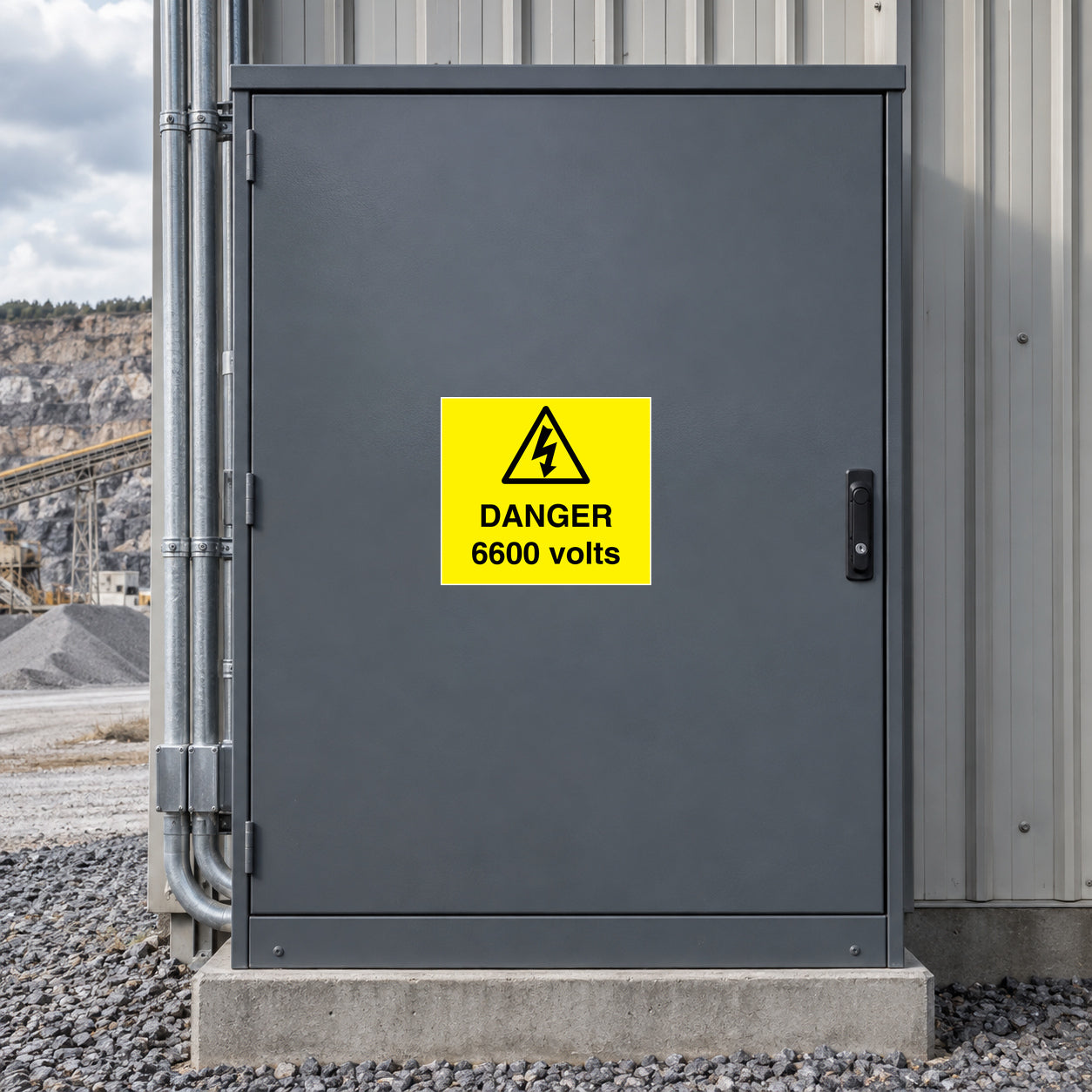 Warning danger 6600 volts sticker on metal door panel, yellow with black text and bolt icon