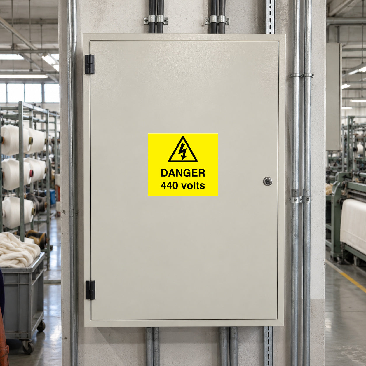 Rectangular safety warning sticker on a light gray panel, yellow label reading DANGER 440 volts