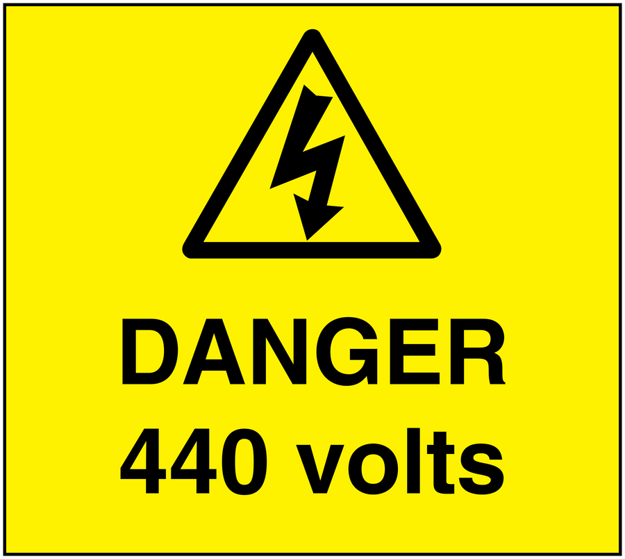 Yellow warning sticker with black triangle lightning and text 'DANGER 440 volts'.