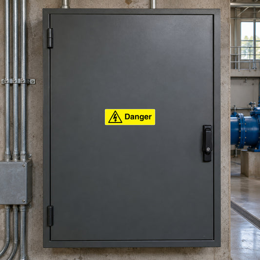 Yellow danger warning sticker with hazard icon and Danger text