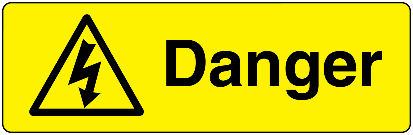 Danger warning sticker with yellow background, black triangle lightning icon, and “Danger” text
