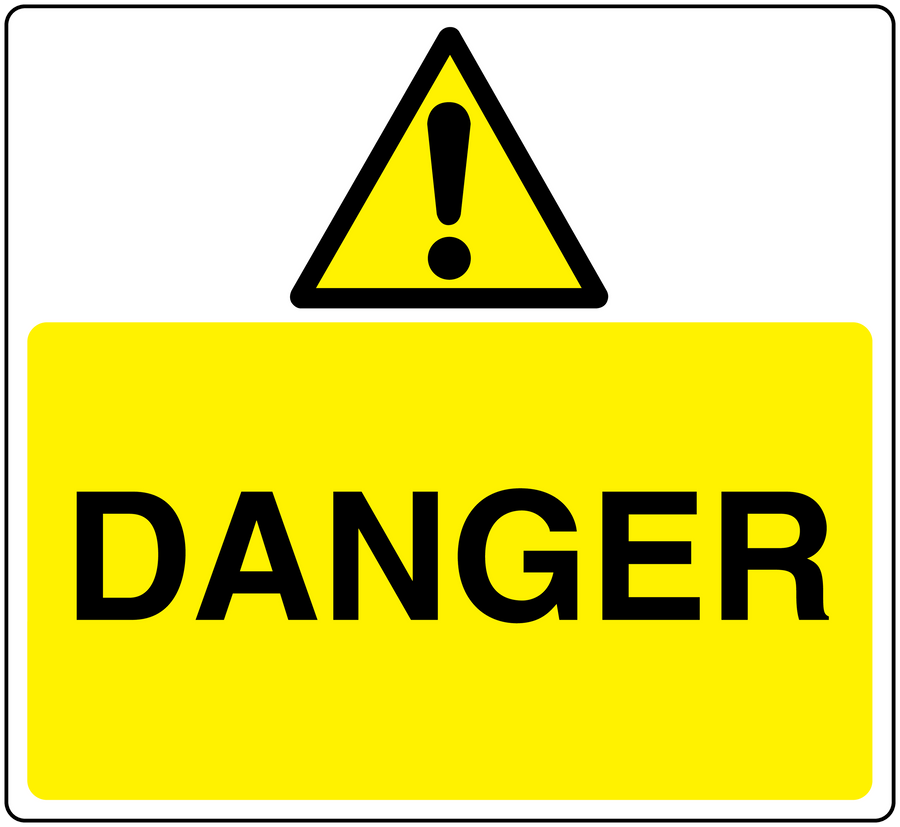 Yellow safety warning sticker with black triangle exclamation and 'DANGER' text