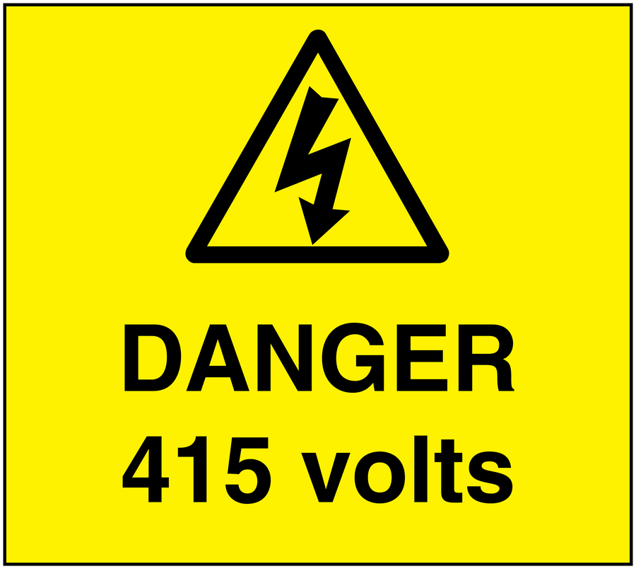 Yellow warning sticker with black triangle and "DANGER 415 volts" text