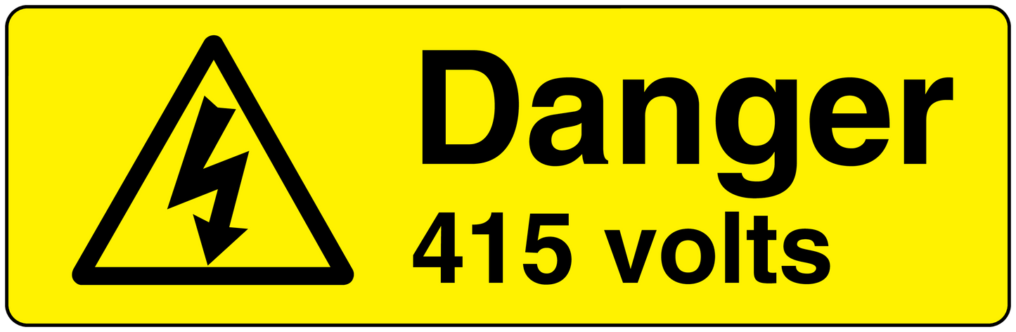 Danger 415 volts warning sticker with black hazard triangle and lightning icon