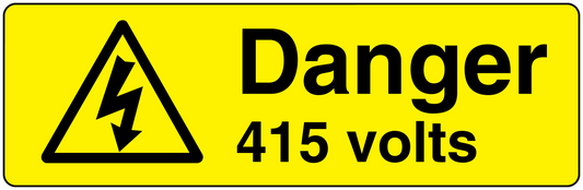 Danger 415 volts warning sticker with black hazard triangle and lightning icon