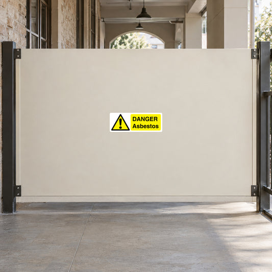 Danger asbestos warning sticker with yellow hazard icon