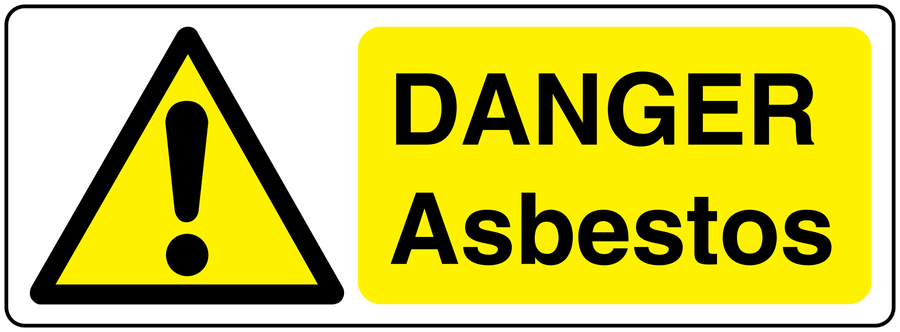 Yellow asbestos hazard sticker with triangle and bold 'DANGER Asbestos' text
