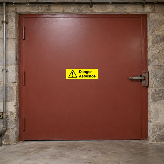 Yellow danger asbestos warning sticker with hazard triangle and text, on door