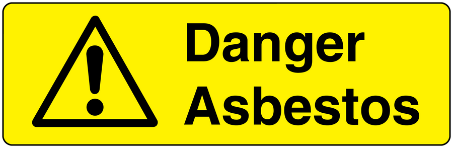 Danger asbestos hazard warning sticker with yellow border, warning triangle, and exclamation