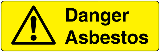 Danger asbestos hazard warning sticker with yellow border, warning triangle, and exclamation