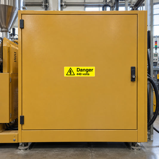 Danger 440 volts warning sticker with yellow triangle and black border