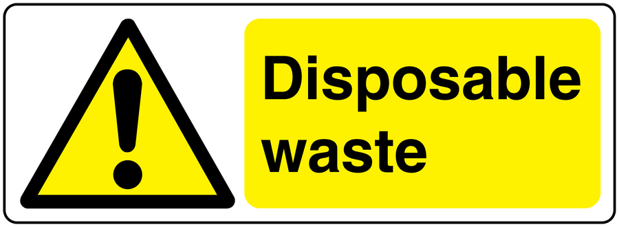 Disposable waste sticker with yellow warning triangle and bold text