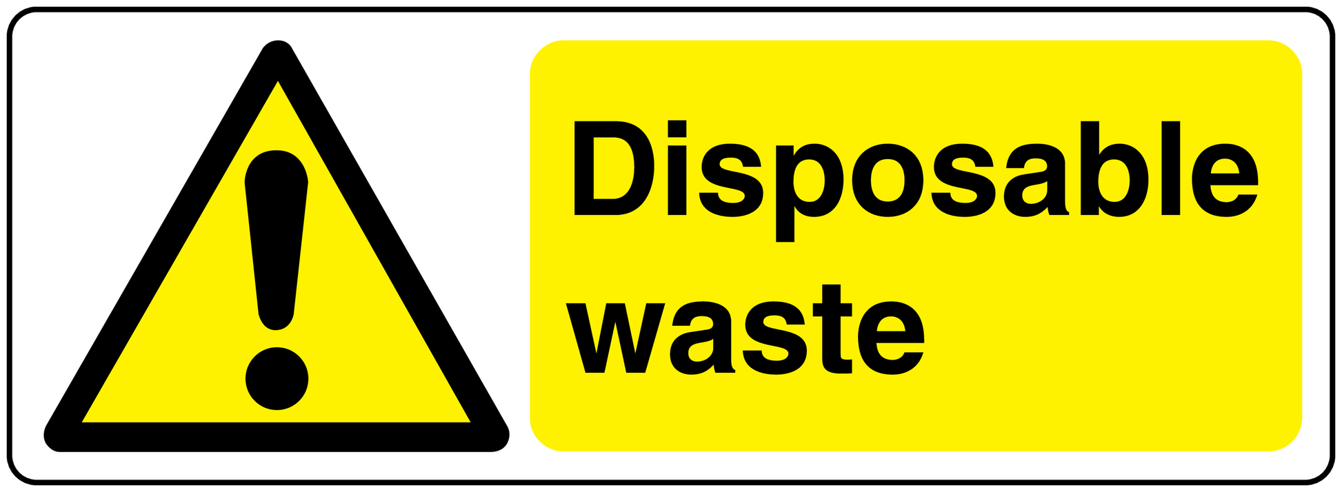 Disposable waste sticker with yellow warning triangle and bold text