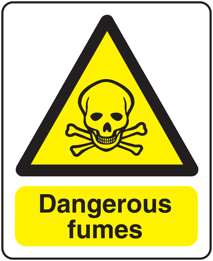 Danger fumes warning sticker: yellow triangle skull and crossbones, 'Dangerous fumes' text