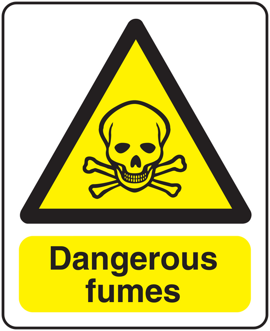 Danger fumes warning sticker: yellow triangle skull and crossbones, 'Dangerous fumes' text