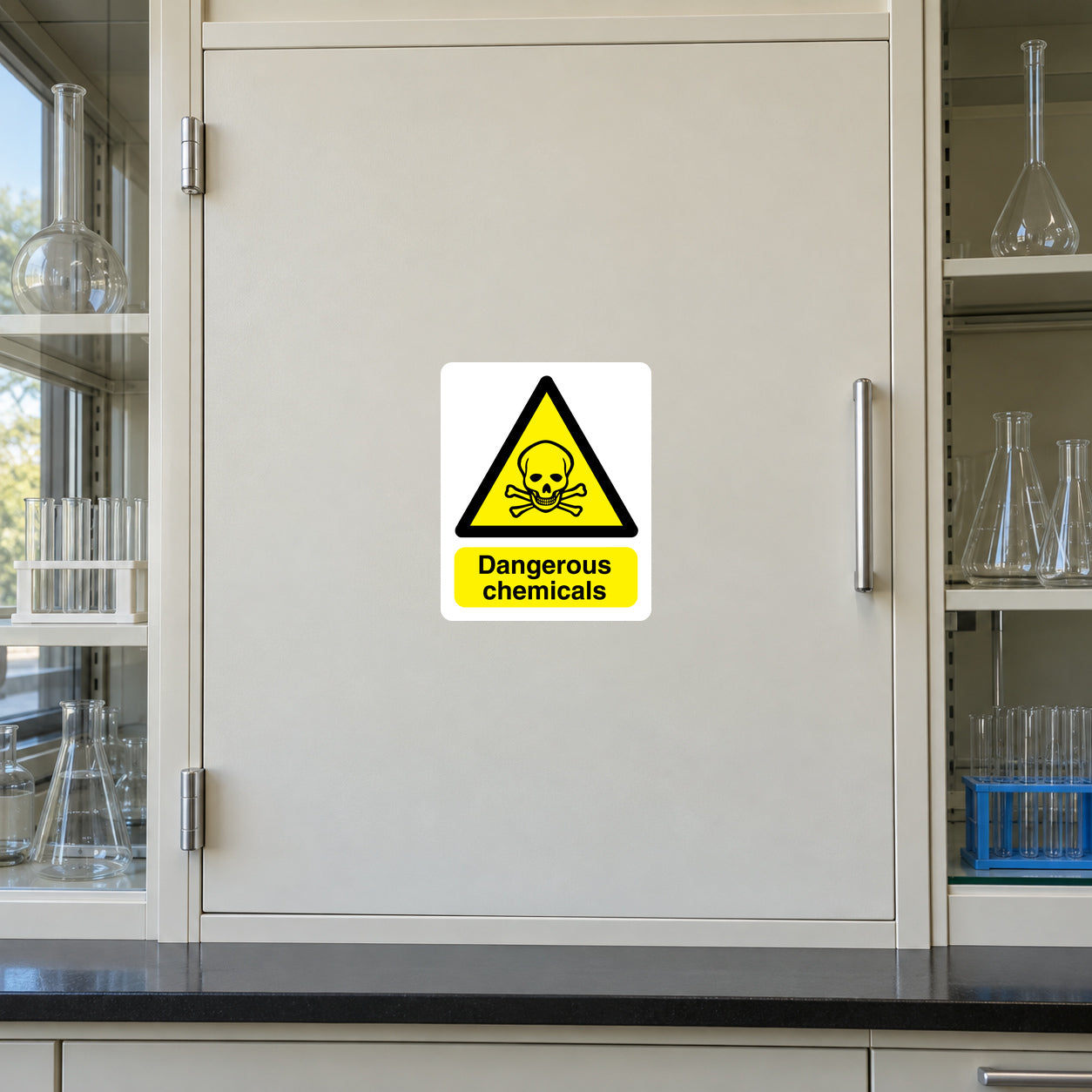 Dangerous chemicals warning sticker with hazard icon and yellow message panel
