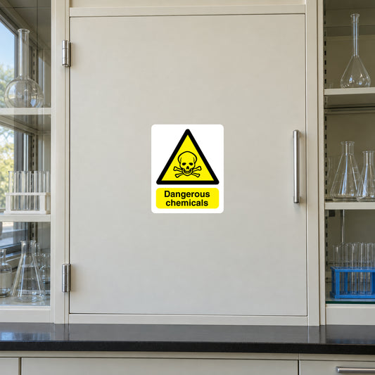 Dangerous chemicals warning sticker with hazard icon and yellow message panel