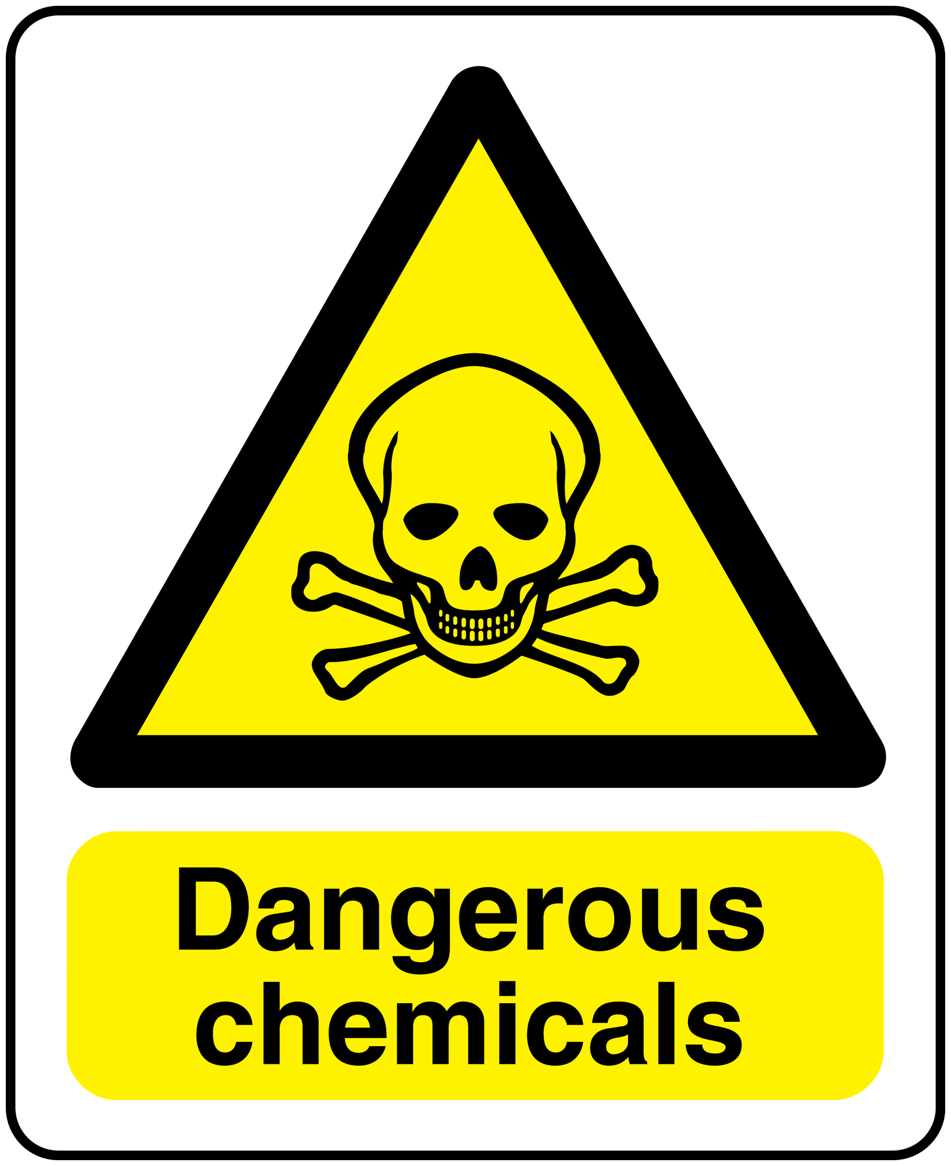 Yellow hazard triangle skull sticker with “Dangerous chemicals” text