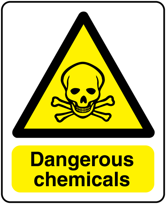 Yellow hazard triangle skull sticker with “Dangerous chemicals” text