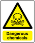 Yellow hazard triangle skull sticker with “Dangerous chemicals” text