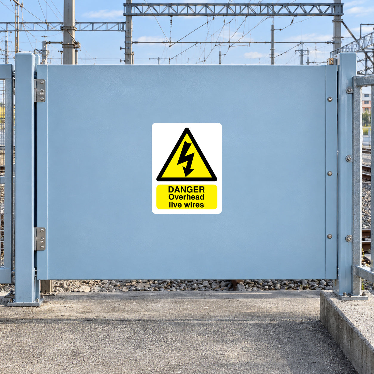 Warning sticker with yellow lightning triangle and DANGER OVERHEAD live wires text