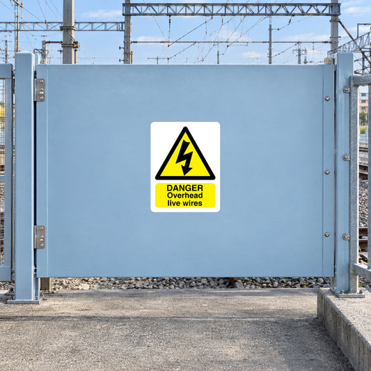 Warning sticker with yellow lightning triangle and DANGER OVERHEAD live wires text