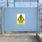 Warning sticker with yellow lightning triangle and DANGER OVERHEAD live wires text