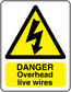 Warning danger overhead live wires sticker with yellow lightning bolt symbol