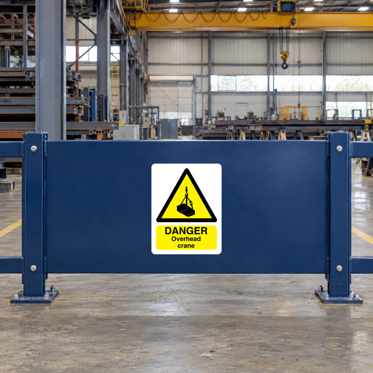 Danger overhead crane warning sticker with yellow triangle and DANGER Overhead crane text