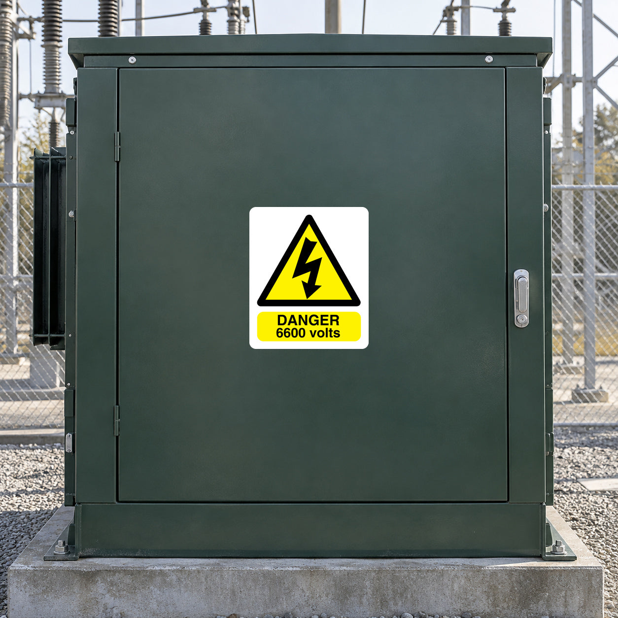 Warning rectangle sticker with yellow triangle, black lightning, and text '6600 volts'