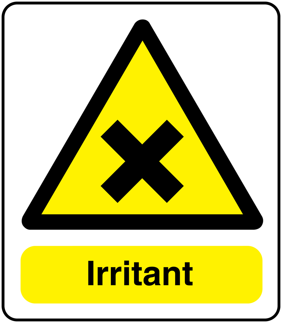 Danger irritant sticker with yellow warning triangle and text 'Irritant'.