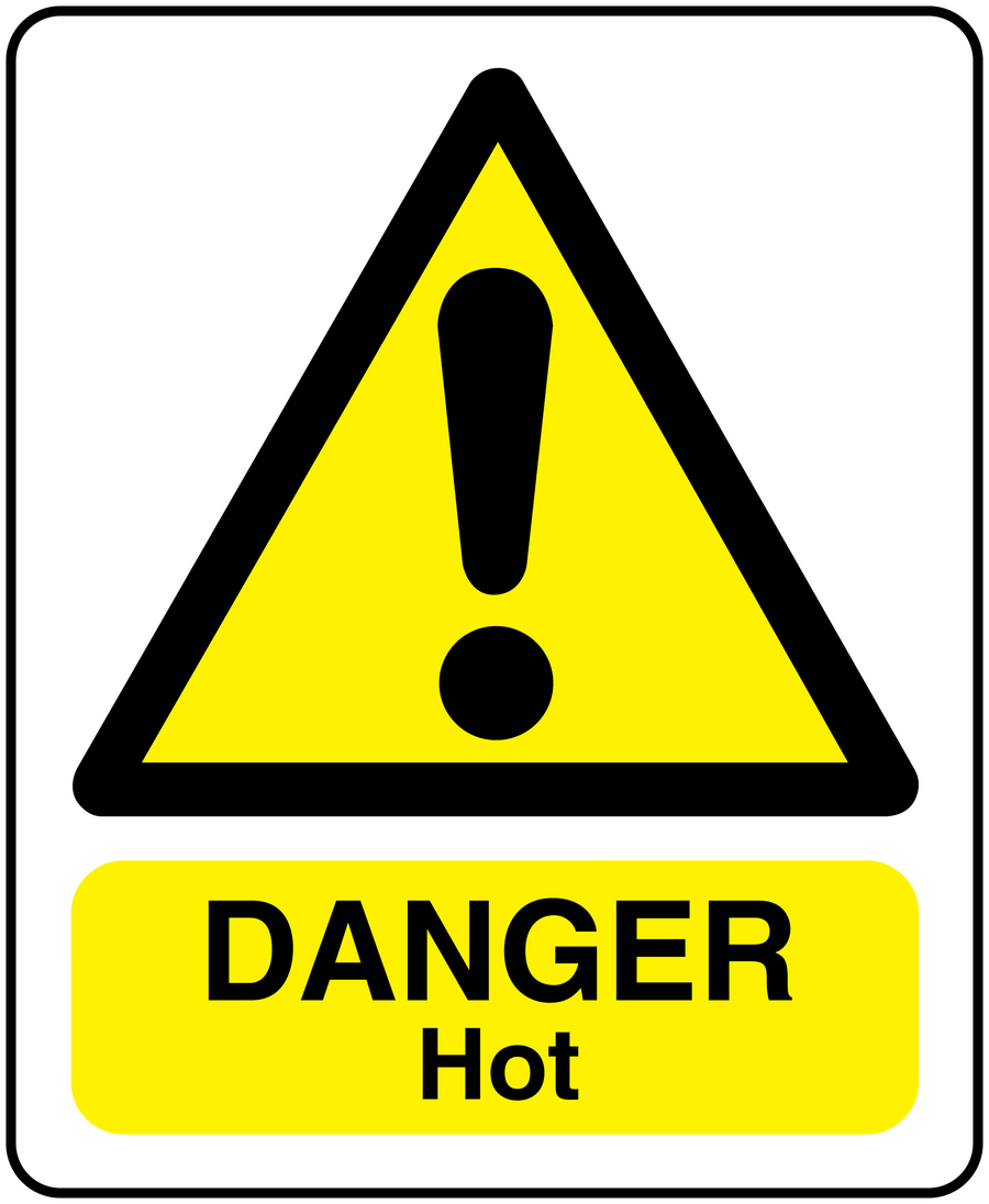 Warning sign rectangle sticker: yellow triangle with exclamation and 'DANGER HOT' text