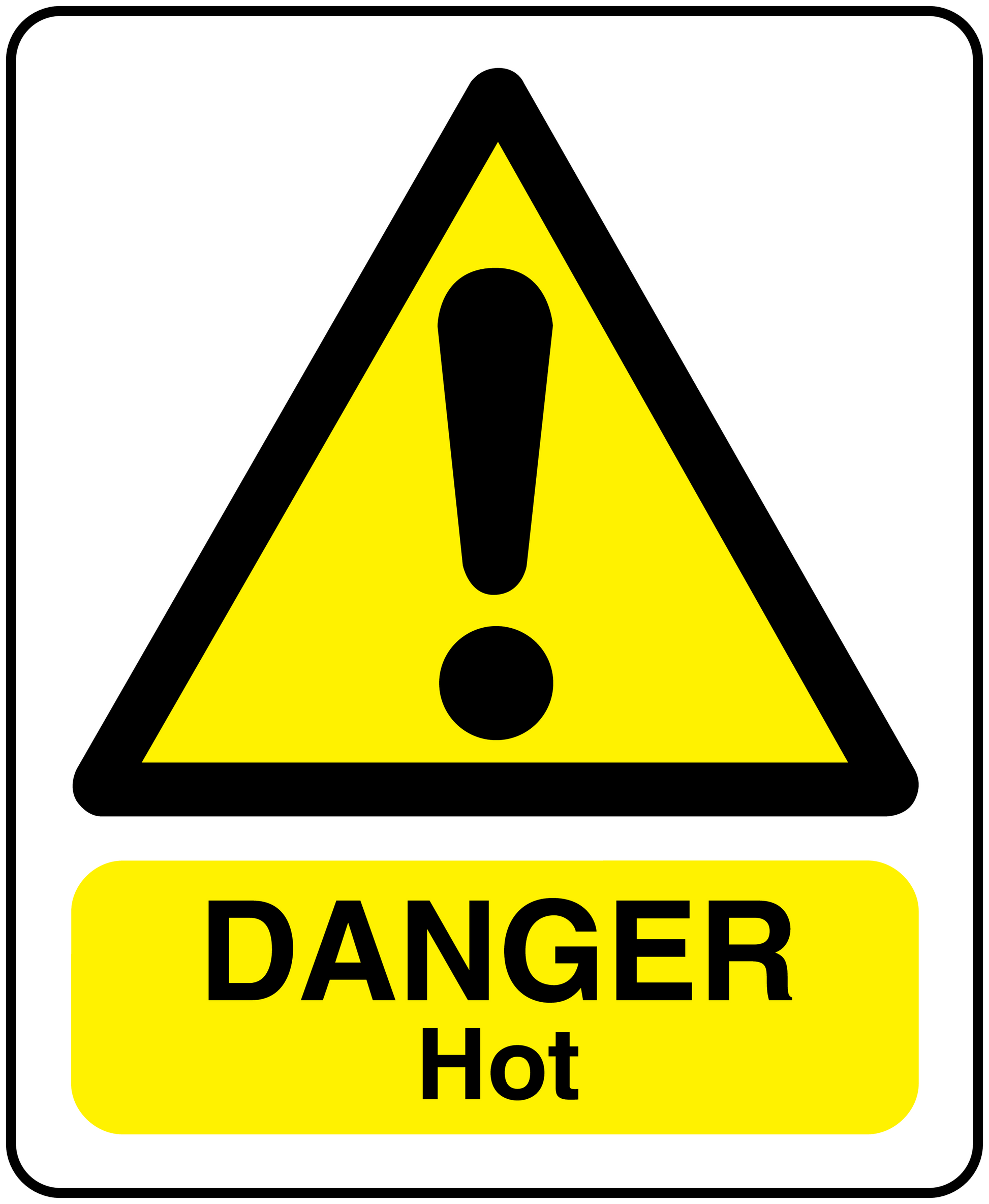 Warning sign rectangle sticker: yellow triangle with exclamation and 'DANGER HOT' text