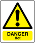 Warning sign rectangle sticker: yellow triangle with exclamation and 'DANGER HOT' text