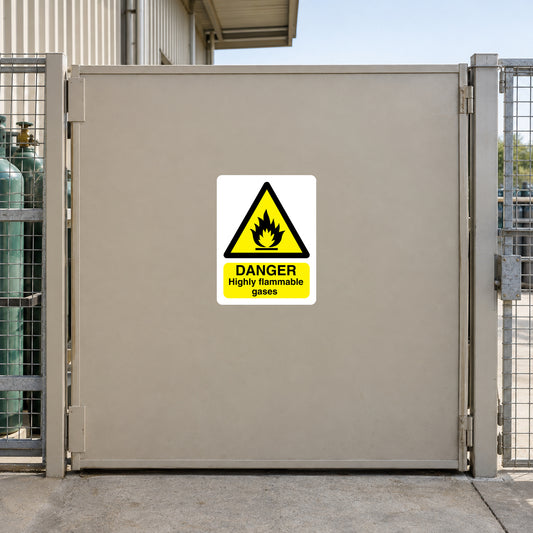 Warning sticker with black flame icon and green 'Danger Highly flammable gases' label