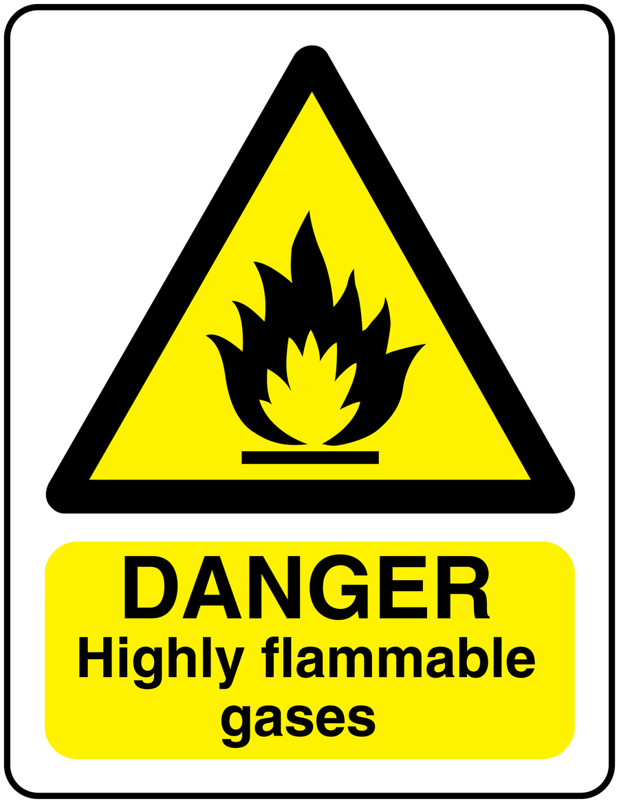 Danger highly flammable gases warning sticker, yellow triangle with flame and 'DANGER'