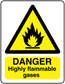 Danger highly flammable gases warning sticker, yellow triangle with flame and 'DANGER'