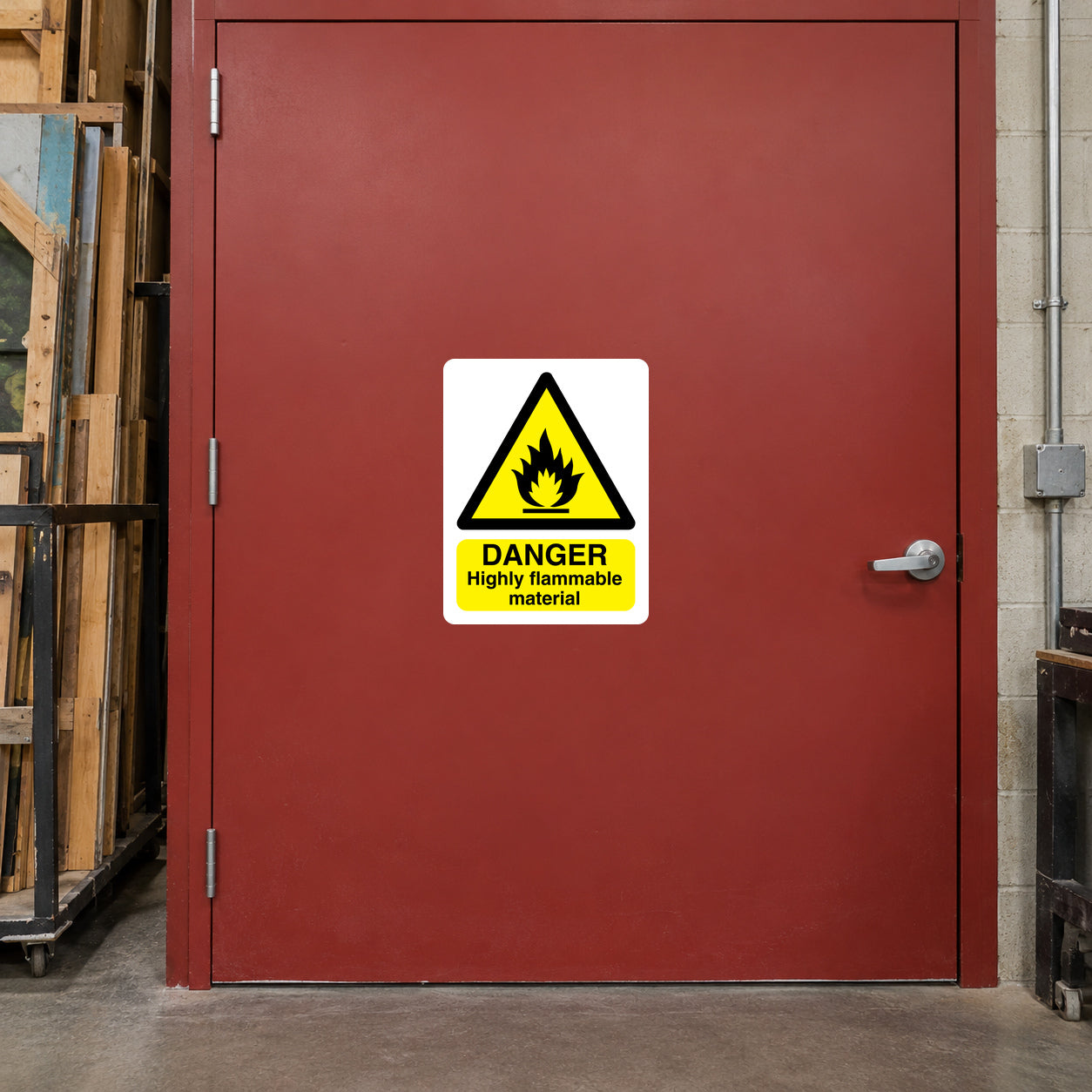 Highly flammable material danger label sticker with flame warning icon
