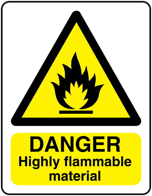 Warning sticker: yellow flame triangle with 'DANGER Highly flammable material'.