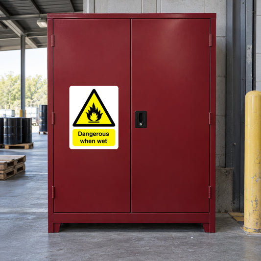 Warning sticker with flame icon and text: 'Dangerous when wet'