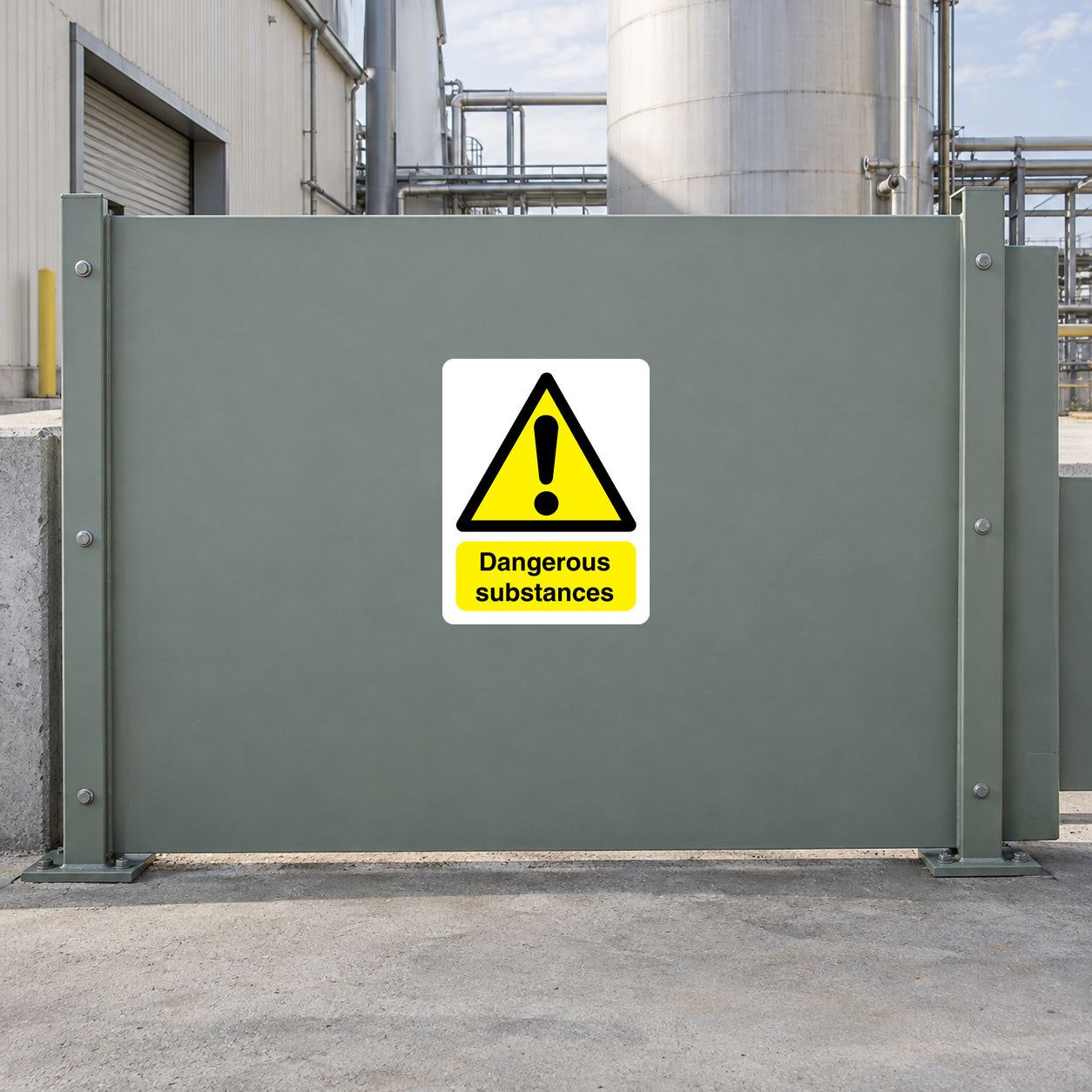 Rectangle warning sticker: yellow triangle with exclamation and Dangerous substances.