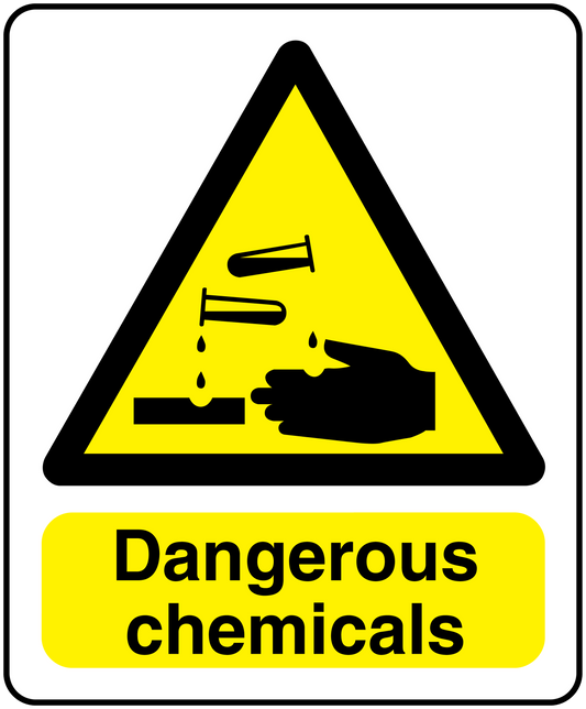 Warning sticker: yellow triangle icon with hand over chemicals, "Dangerous chemicals" label