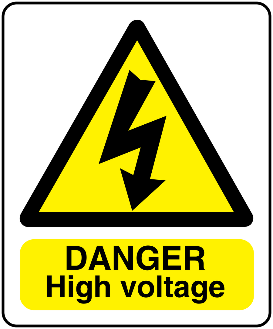 Warning sticker: yellow triangle with black lightning, "DANGER High voltage" text